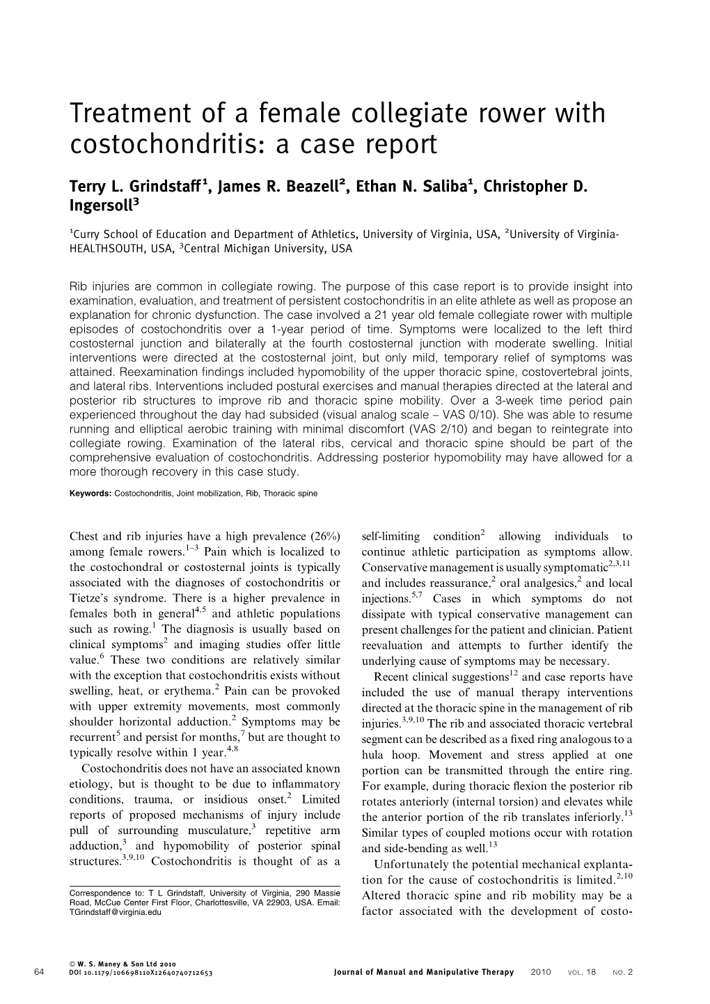 Treatment of a Female Collegiate Rower with Costochondritis: a Case Report