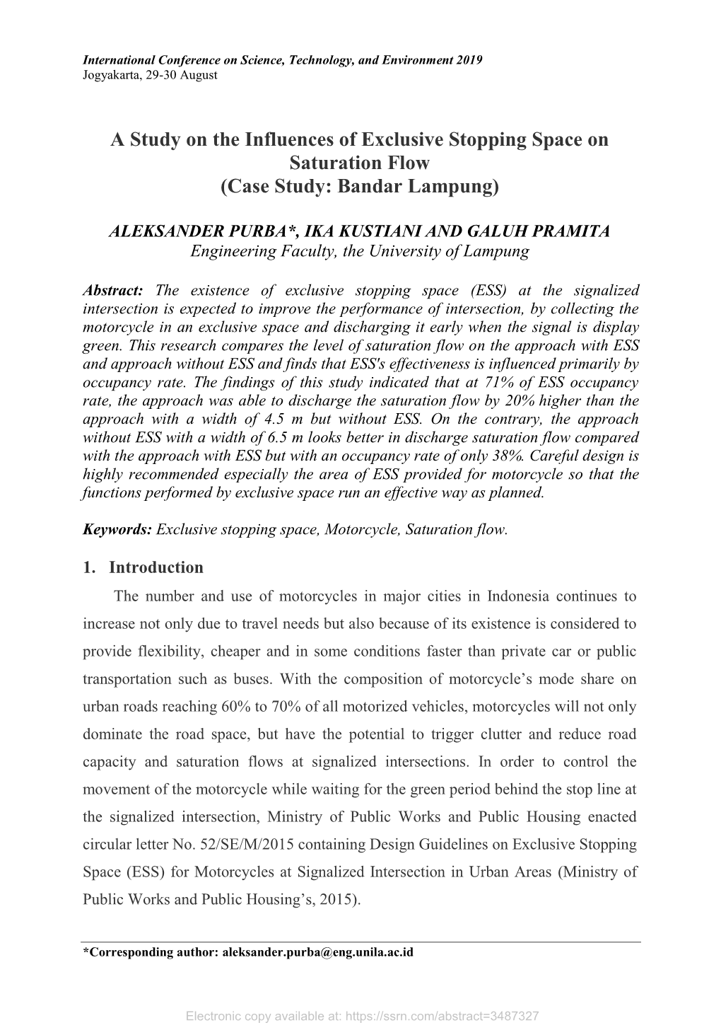 A Study on the Influences of Exclusive Stopping Space on Saturation Flow (Case Study: Bandar Lampung)