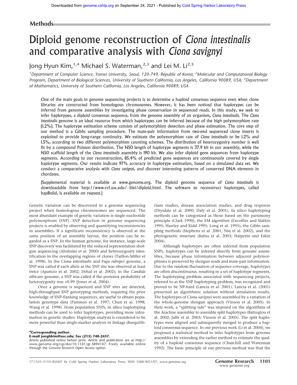 Ciona Intestinalis and Comparative Analysis with Ciona Savignyi