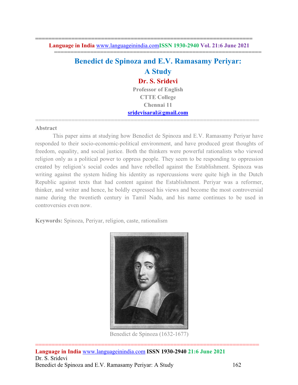 Benedict De Spinoza and EV Ramasamy