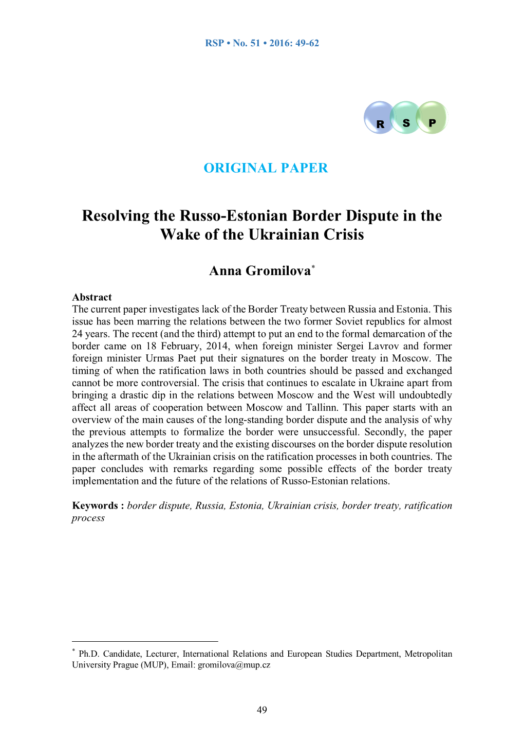 Resolving the Russo-Estonian Border Dispute in the Wake of the Ukrainian Crisis