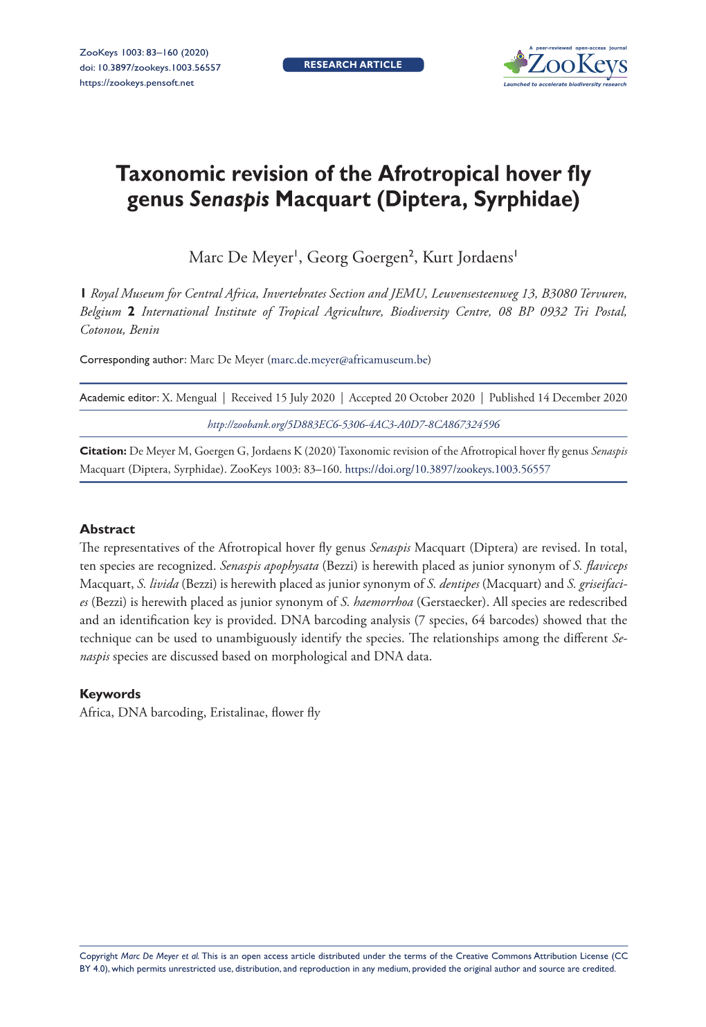 Taxonomic Revision of the Afrotropical Hover Fly Genus Senaspis Macquart (Diptera, Syrphidae)