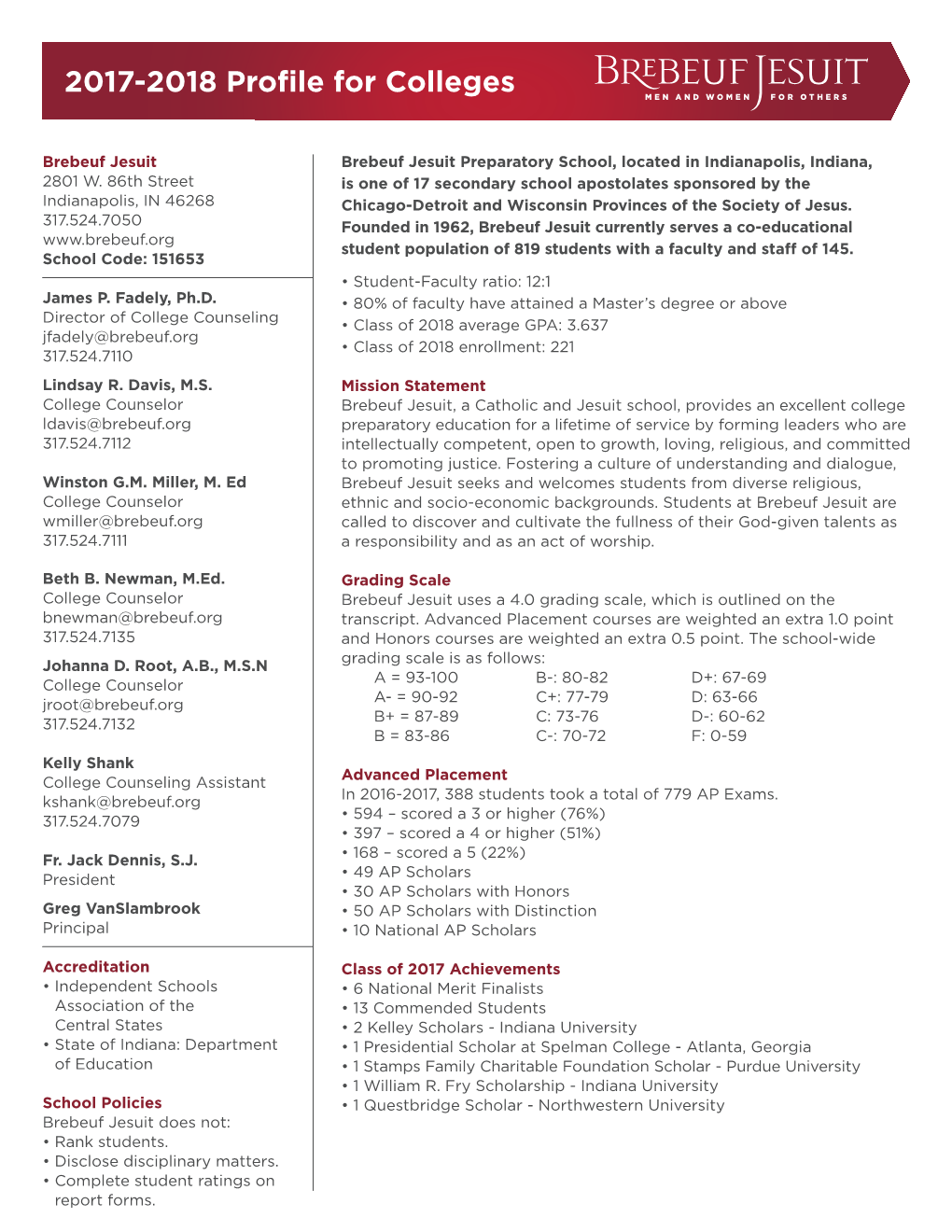 2017-2018 Profile for Colleges