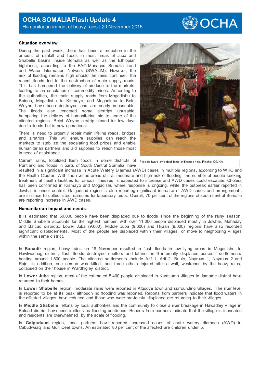 OCHA SOMALIA Flash Update 4 Humanitarian Impact of Heavy Rains | 20 November 2015
