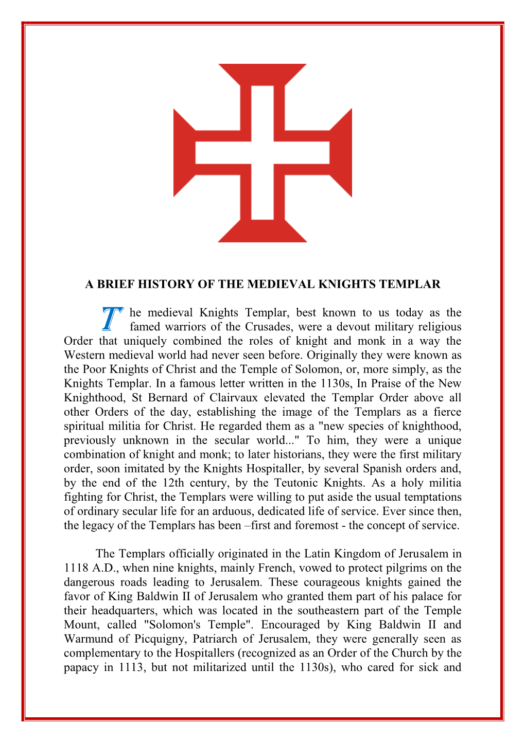 A Brief History of the Medieval Knights Templar