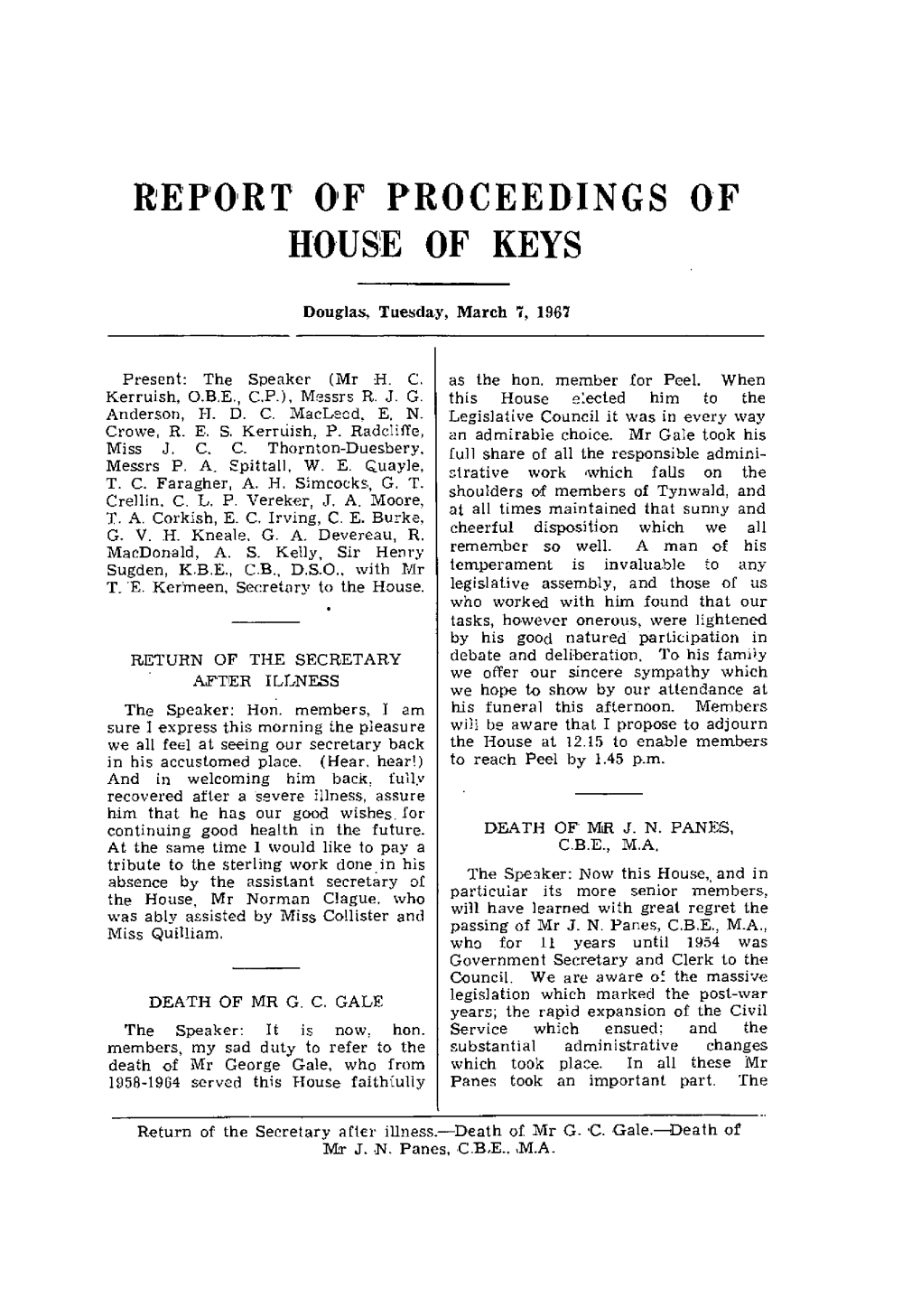 Report of Proceedings of House of Keys