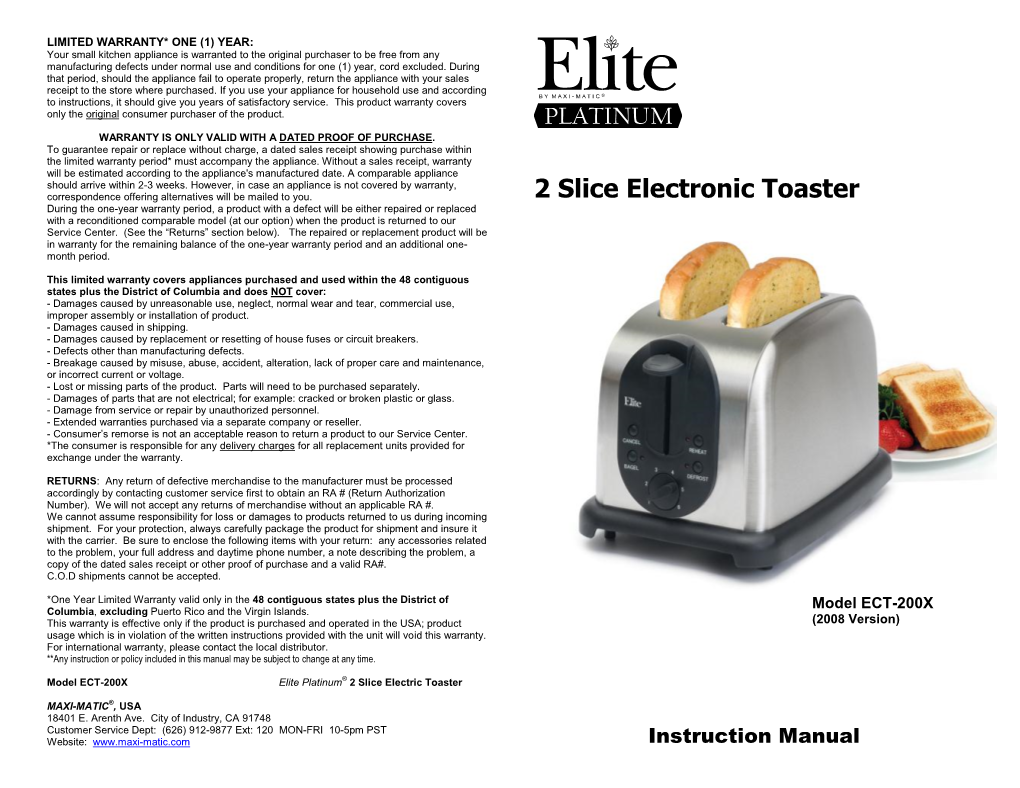 2 Slice Electronic Toaster