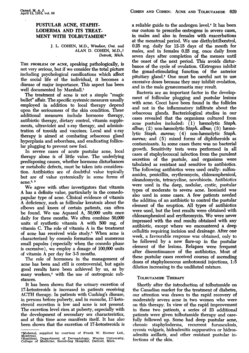 Pustular Acne, Staphyloderma and Its Treatment with Tolbutamide