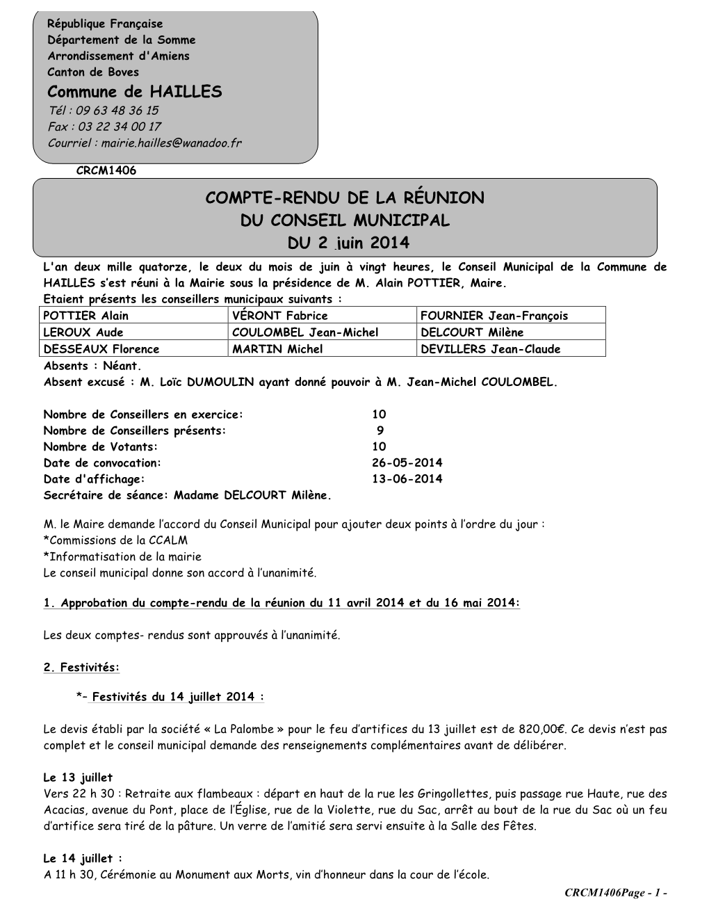 Compte-Rendu De La Réunion Du Conseil Municipal Du 2