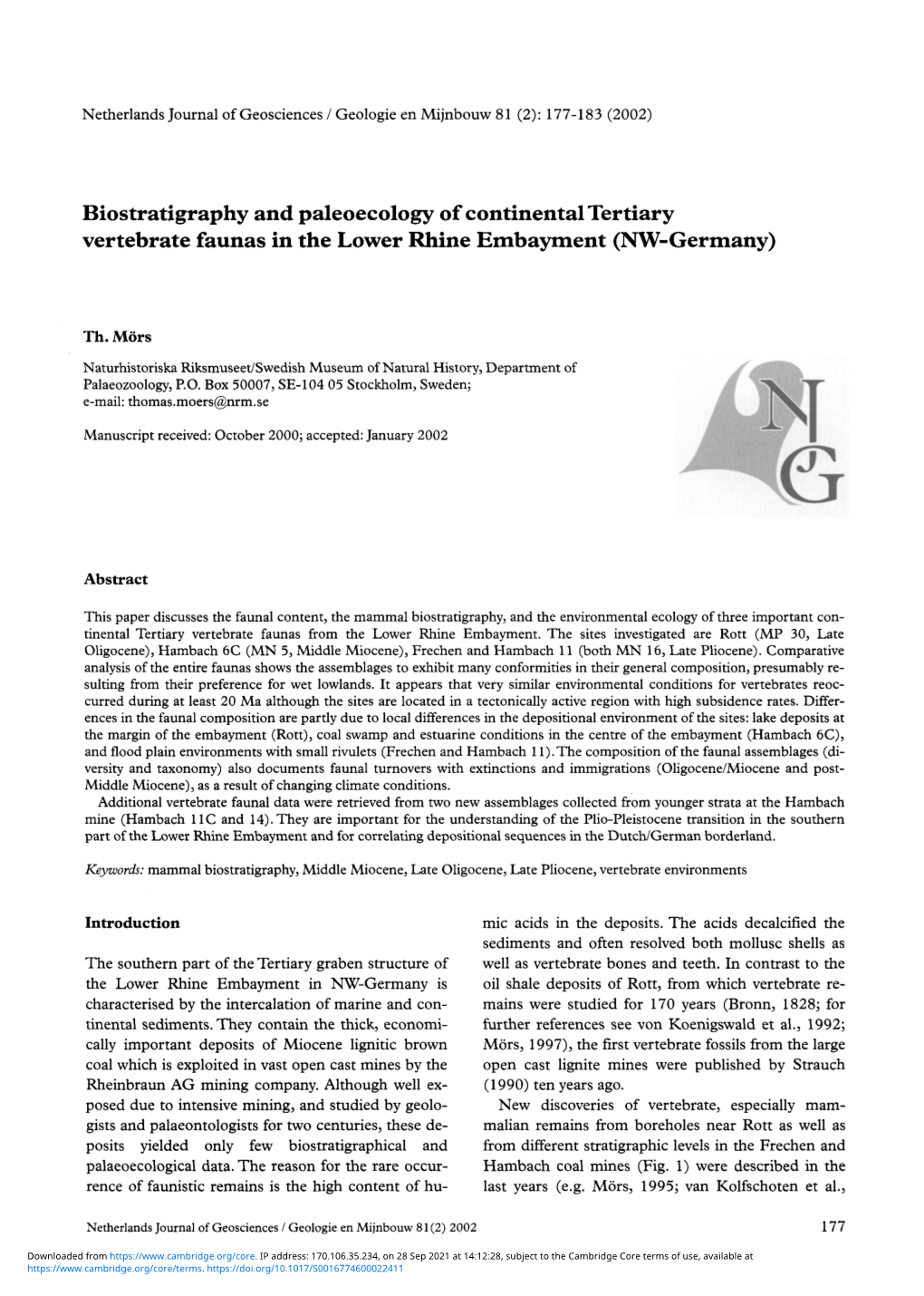 Biostratigraphy and Paleoecology of Continental Tertiary Vertebrate Faunas in the Lower Rhine Embayment (NW-Germany)