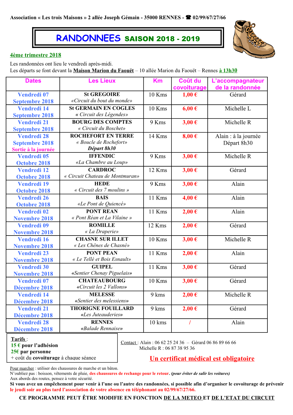 Randonnees Saison 2018 - 2019