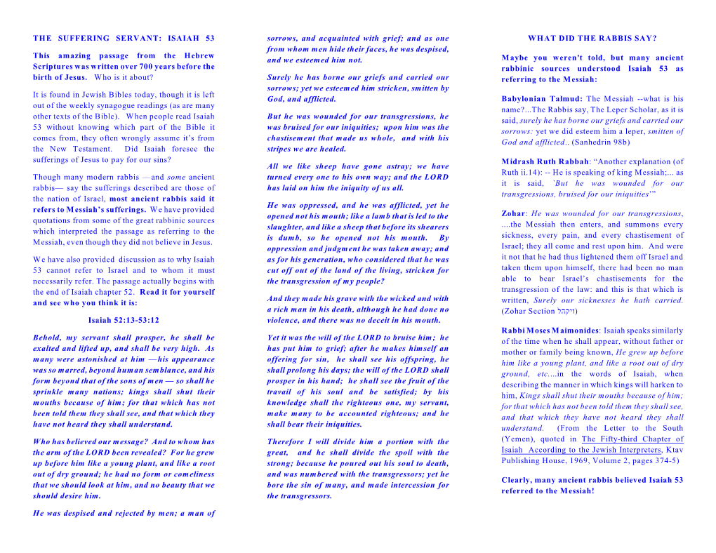 THE SUFFERING SERVANT: ISAIAH 53 This Amazing Passage from the Hebrew Scriptures Was Written Over 700 Years Before the Birth Of