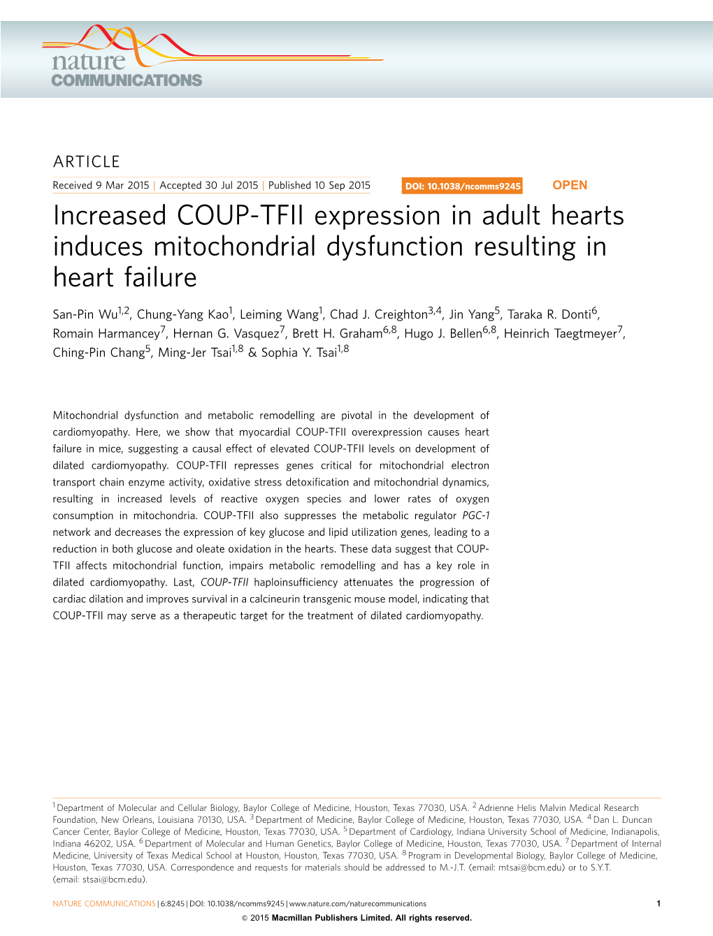 Increased COUP-TFII Expression in Adult Hearts Induces Mitochondrial Dysfunction Resulting in Heart Failure