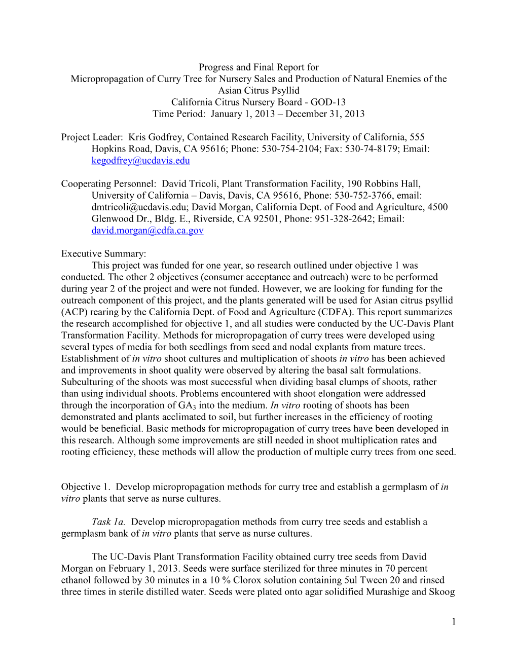 1 Progress and Final Report for Micropropagation of Curry Tree For