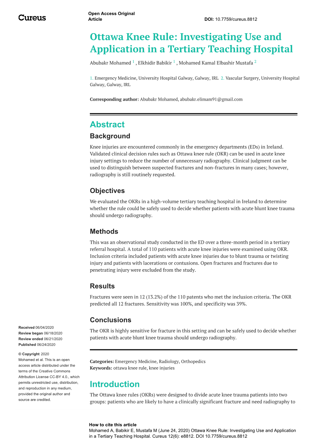 Ottawa Knee Rule: Investigating Use and Application in a Tertiary Teaching Hospital