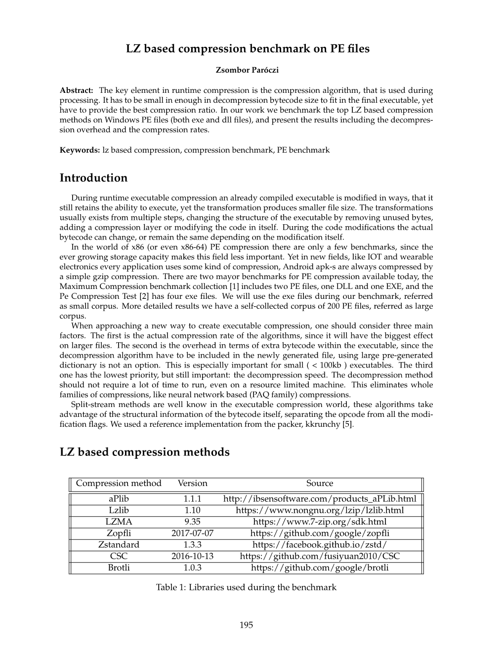 LZ Based Compression Benchmark on PE Files Introduction LZ Based