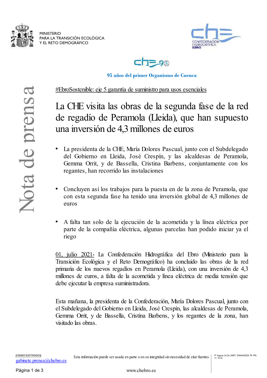 La CHE Visita Las Obras De La Segunda Fase De La Red De Regadío De Peramola (Lleida), Que Han Supuesto Una Inversión De 4,3 Millones De Euros