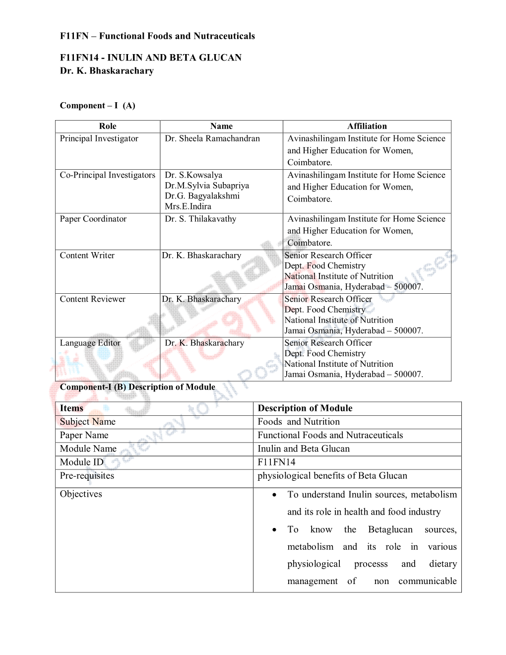 INULIN and BETA GLUCAN Dr. K. Bhaskarachary