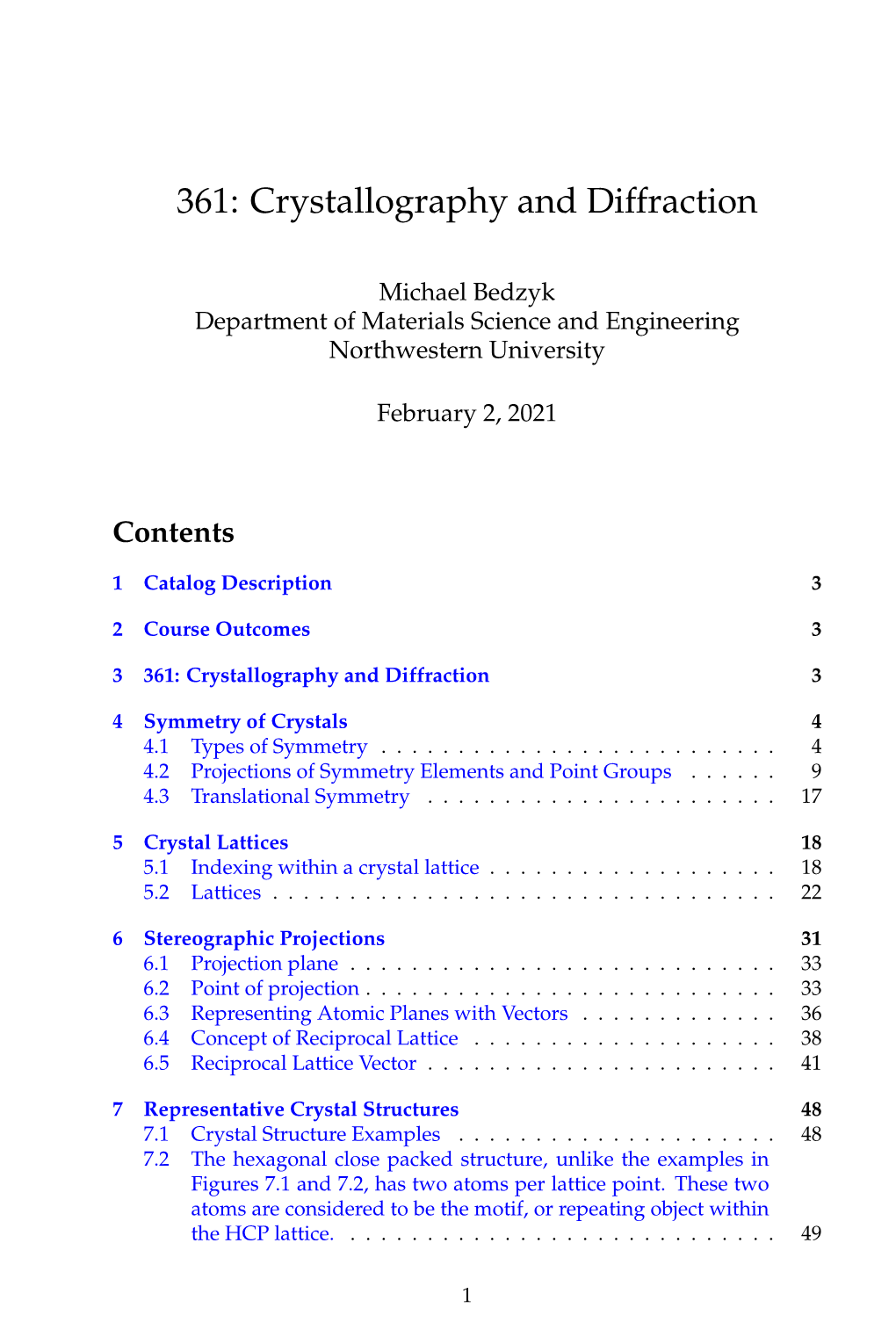 361: Crystallography and Diffraction