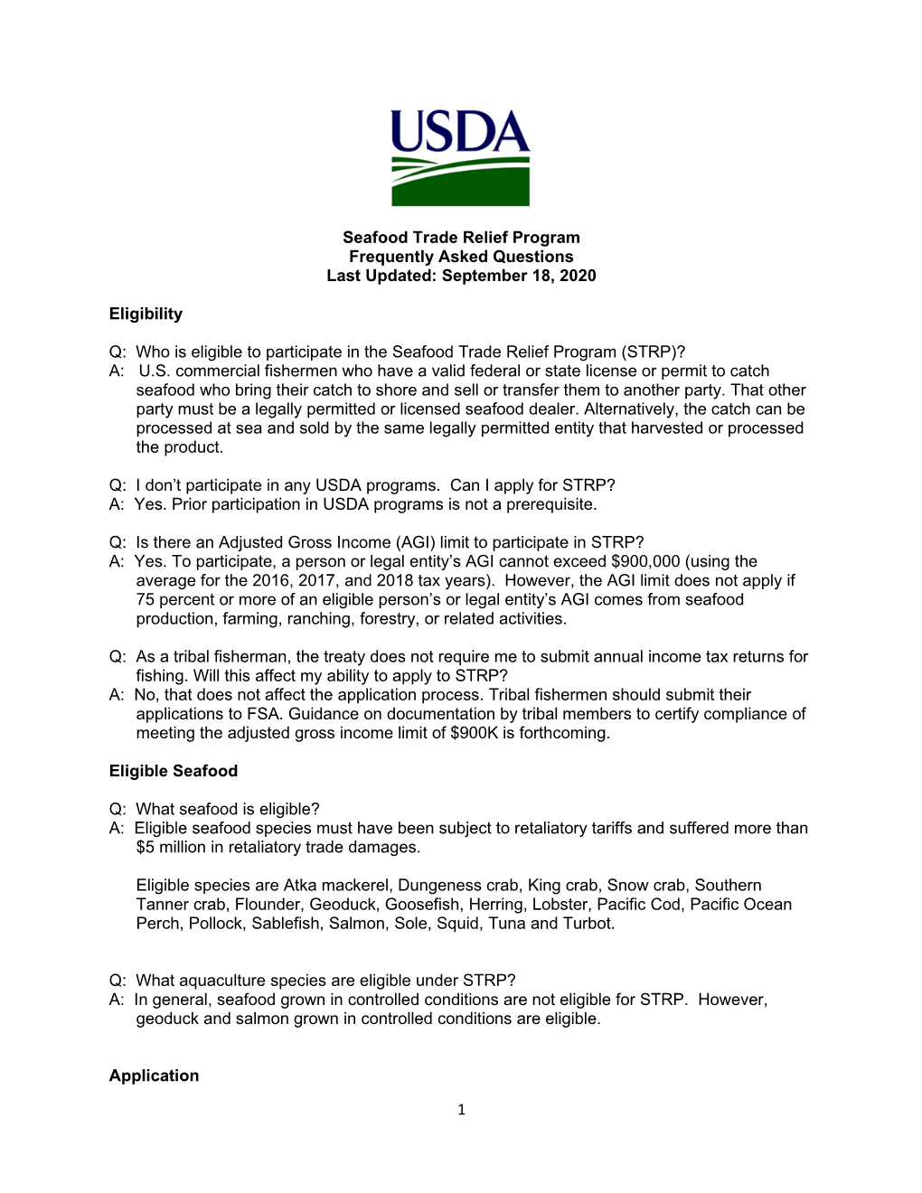 Seafood Trade Relief Program Frequently Asked Questions Last Updated: September 18, 2020