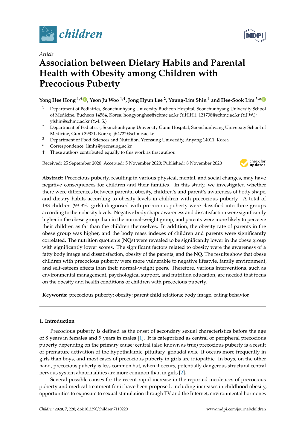 Association Between Dietary Habits and Parental Health with Obesity Among Children with Precocious Puberty