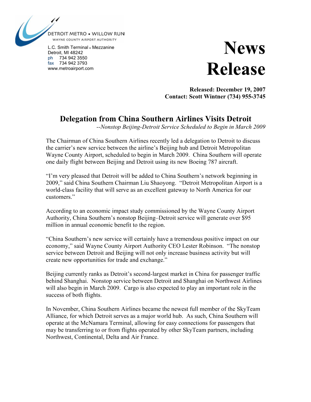 Delegation from China Southern Airlines Visits Detroit --Nonstop Beijing-Detroit Service Scheduled to Begin in March 2009