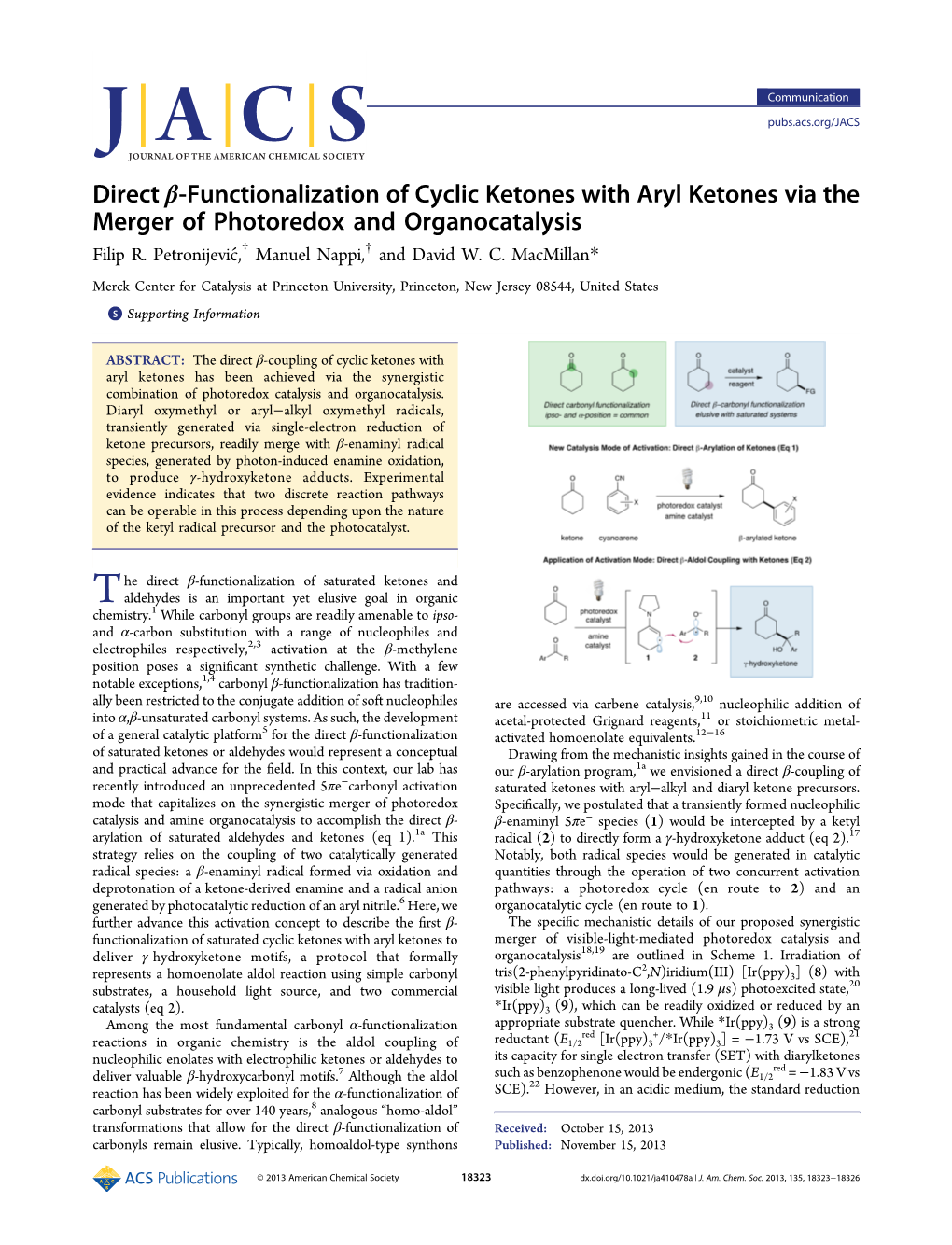 Direct Β‑Functionalization of Cyclic Ketones with Aryl Ketones Via the Merger of Photoredox and Organocatalysis Filip R