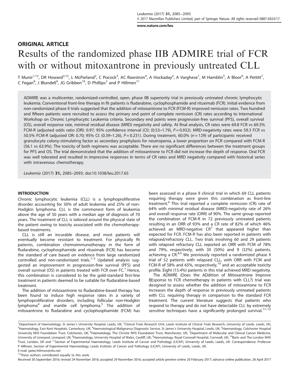 Results of the Randomized Phase IIB ADMIRE Trial of FCR with Or Without Mitoxantrone in Previously Untreated CLL