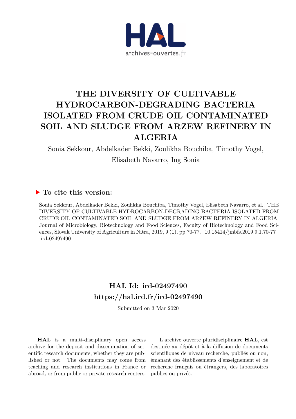 The Diversity of Cultivable Hydrocarbon-Degrading