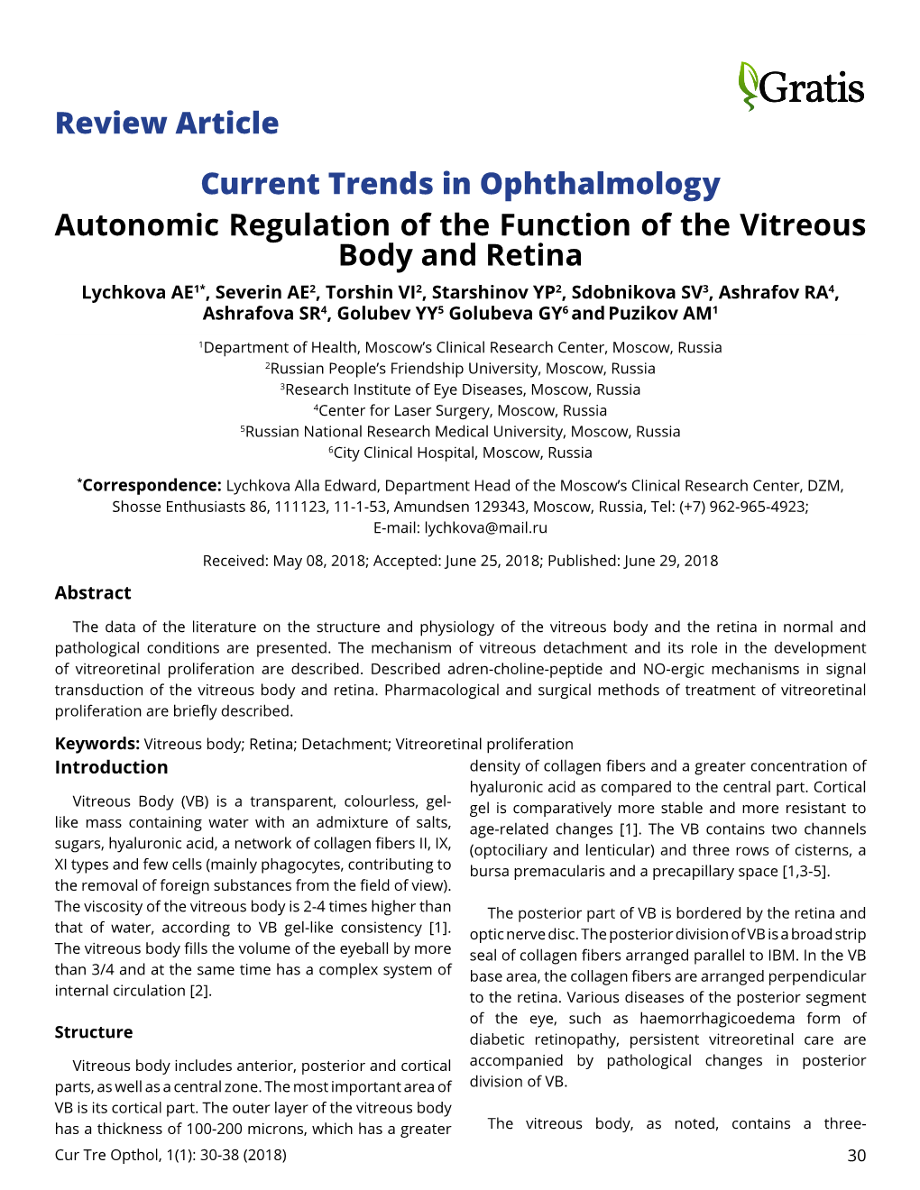 Current Trends in Ophthalmology Autonomic Regulation of The