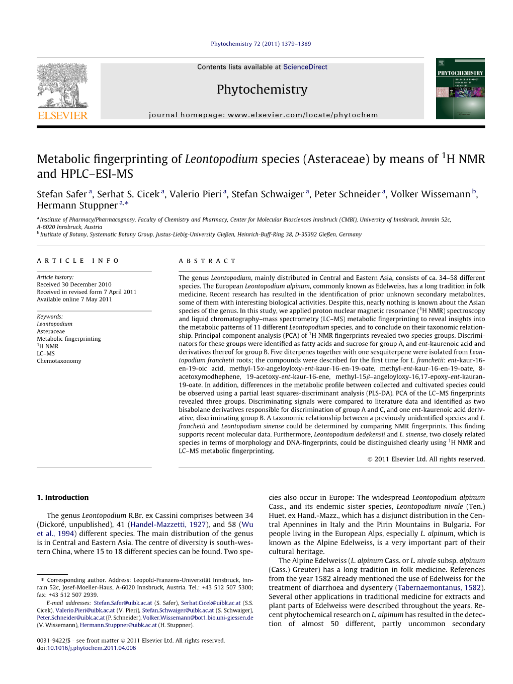 Metabolic Fingerprinting of Leontopodium Species (Asteraceae