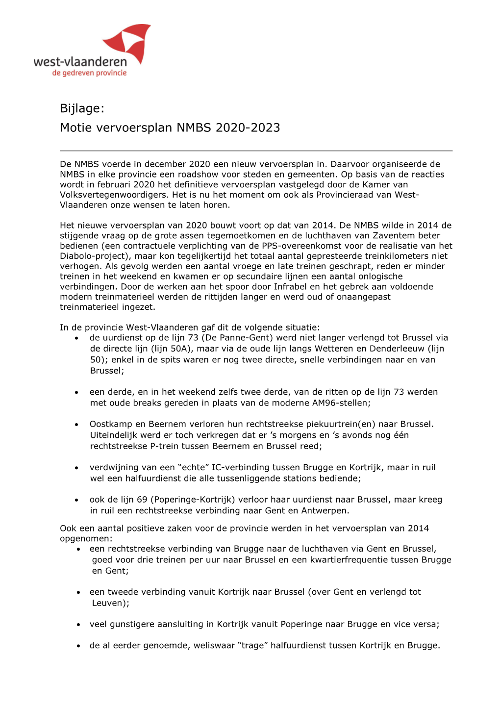 Bijlage: Motie Vervoersplan NMBS 2020-2023