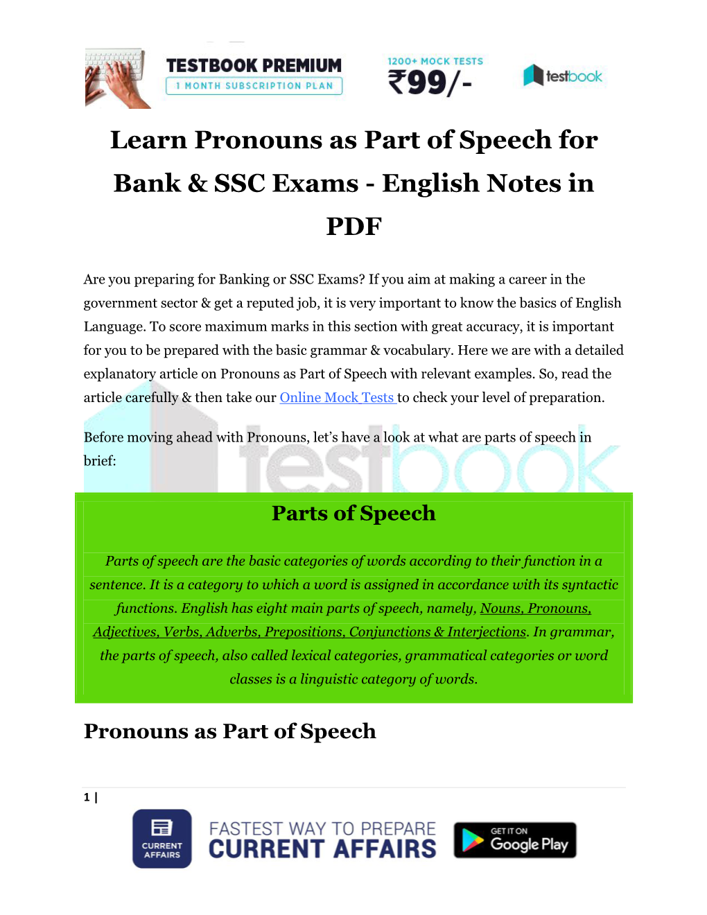 Learn Pronouns As Part of Speech for Bank & SSC Exams