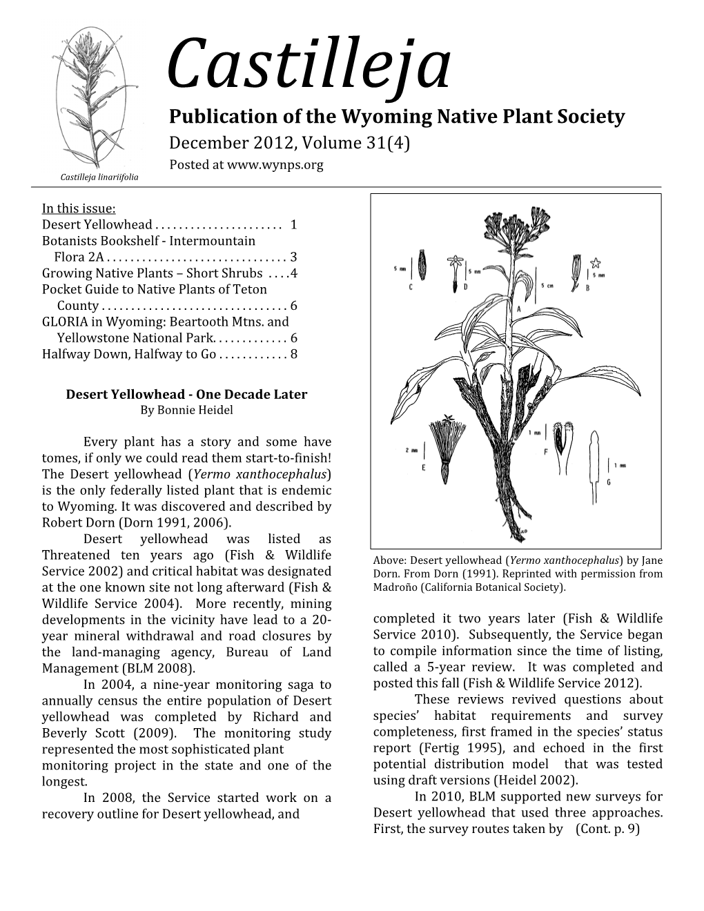 Castilleja Publication of the Wyoming Native Plant Society December 2012, Volume 31(4) Posted at Castilleja Linariifolia