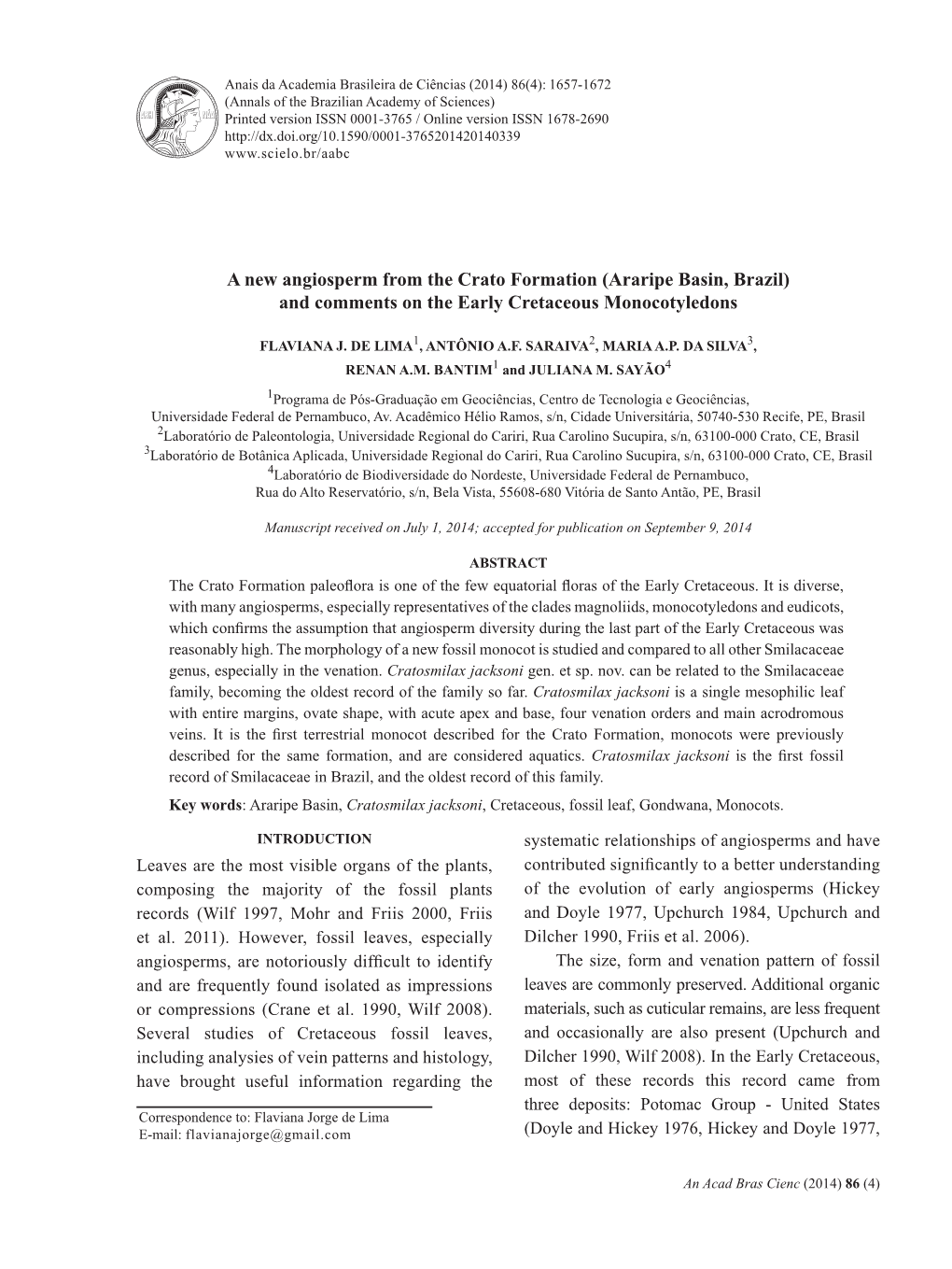 A New Angiosperm from the Crato Formation (Araripe Basin, Brazil) and Comments on the Early Cretaceous Monocotyledons