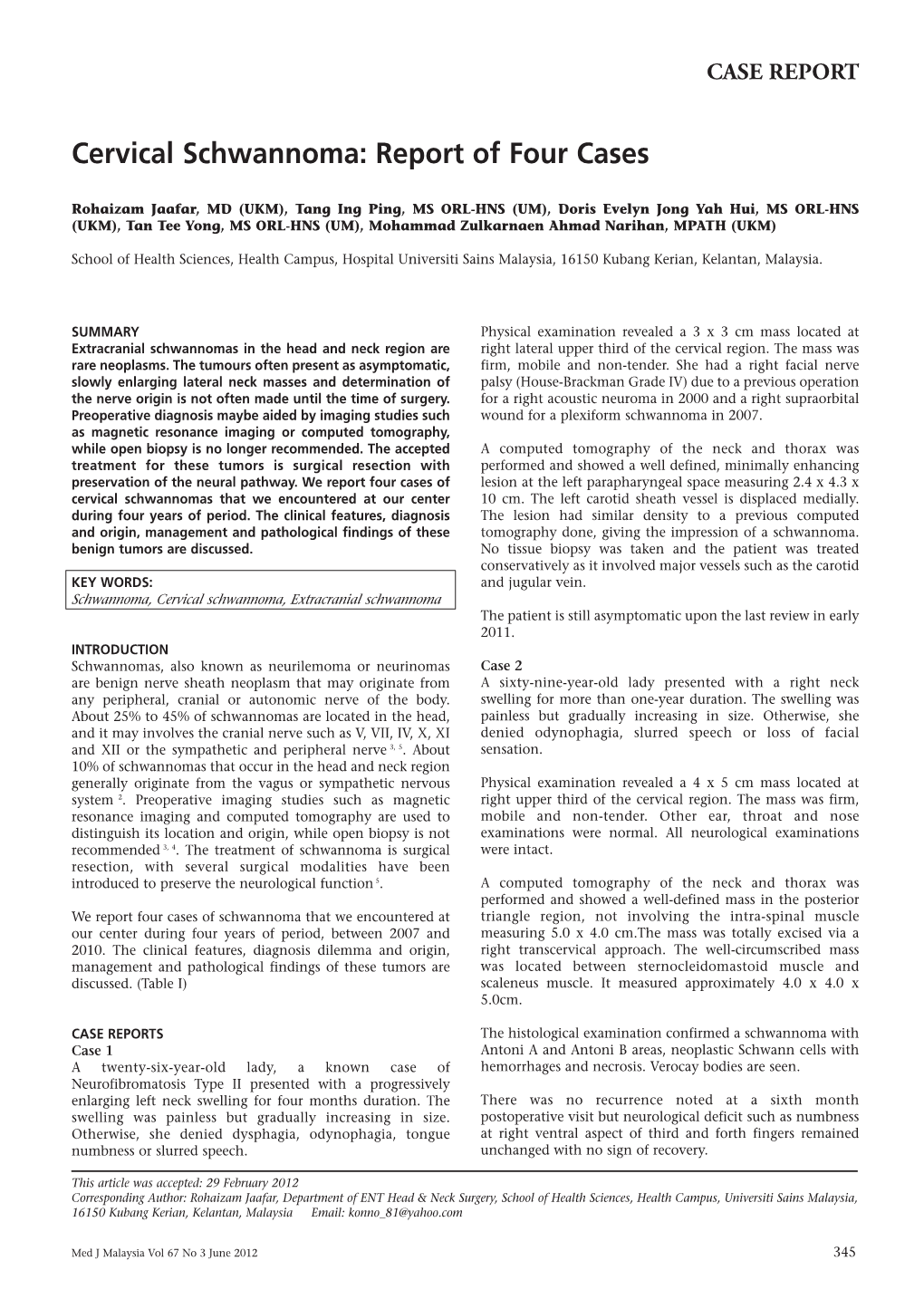 Cervical Schwannoma: Report of Four Cases