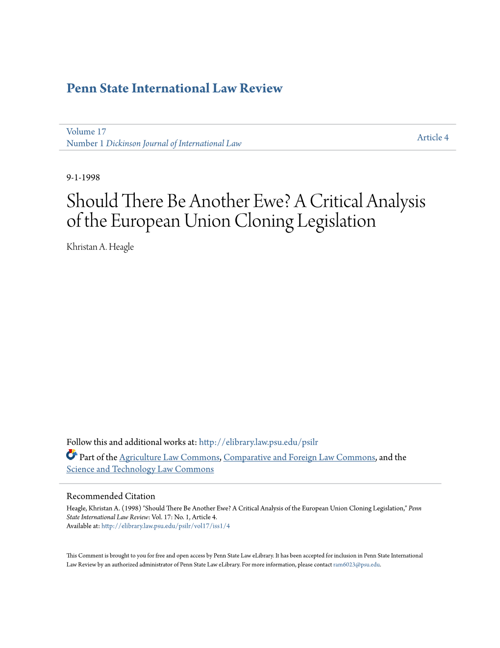 A Critical Analysis of the European Union Cloning Legislation Khristan A