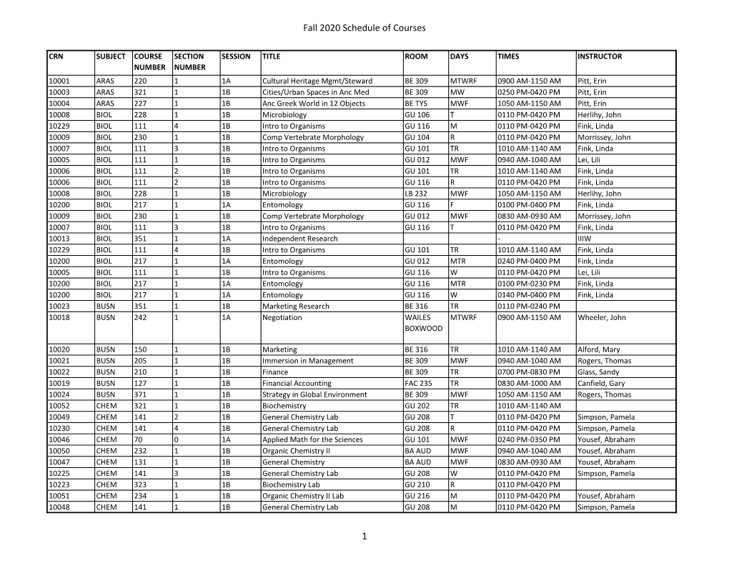 Fall 2020 Schedule of Courses 1