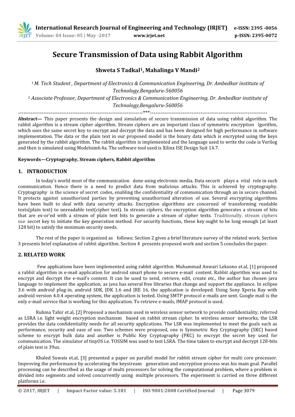 Secure Transmission of Data Using Rabbit Algorithm