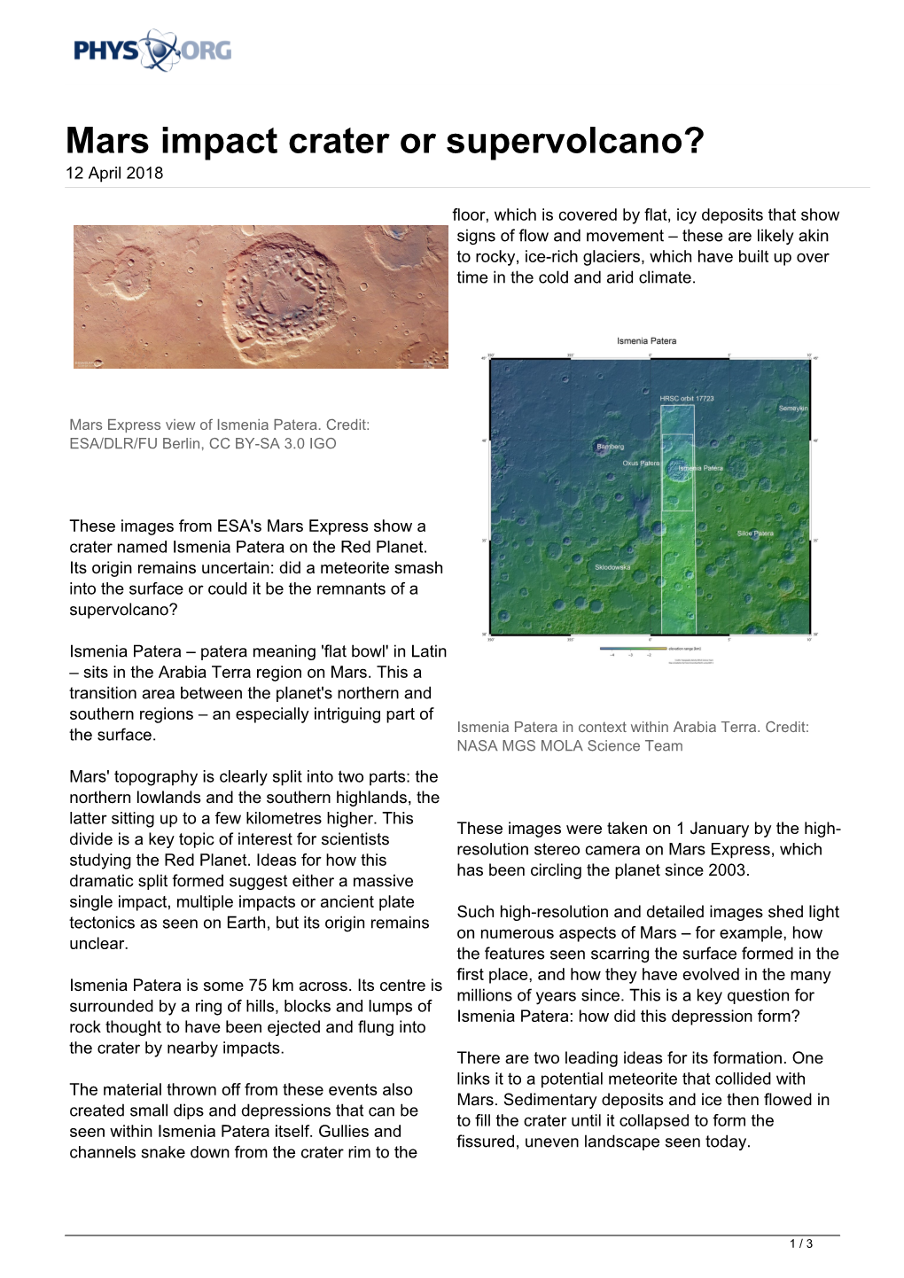 Mars Impact Crater Or Supervolcano? 12 April 2018