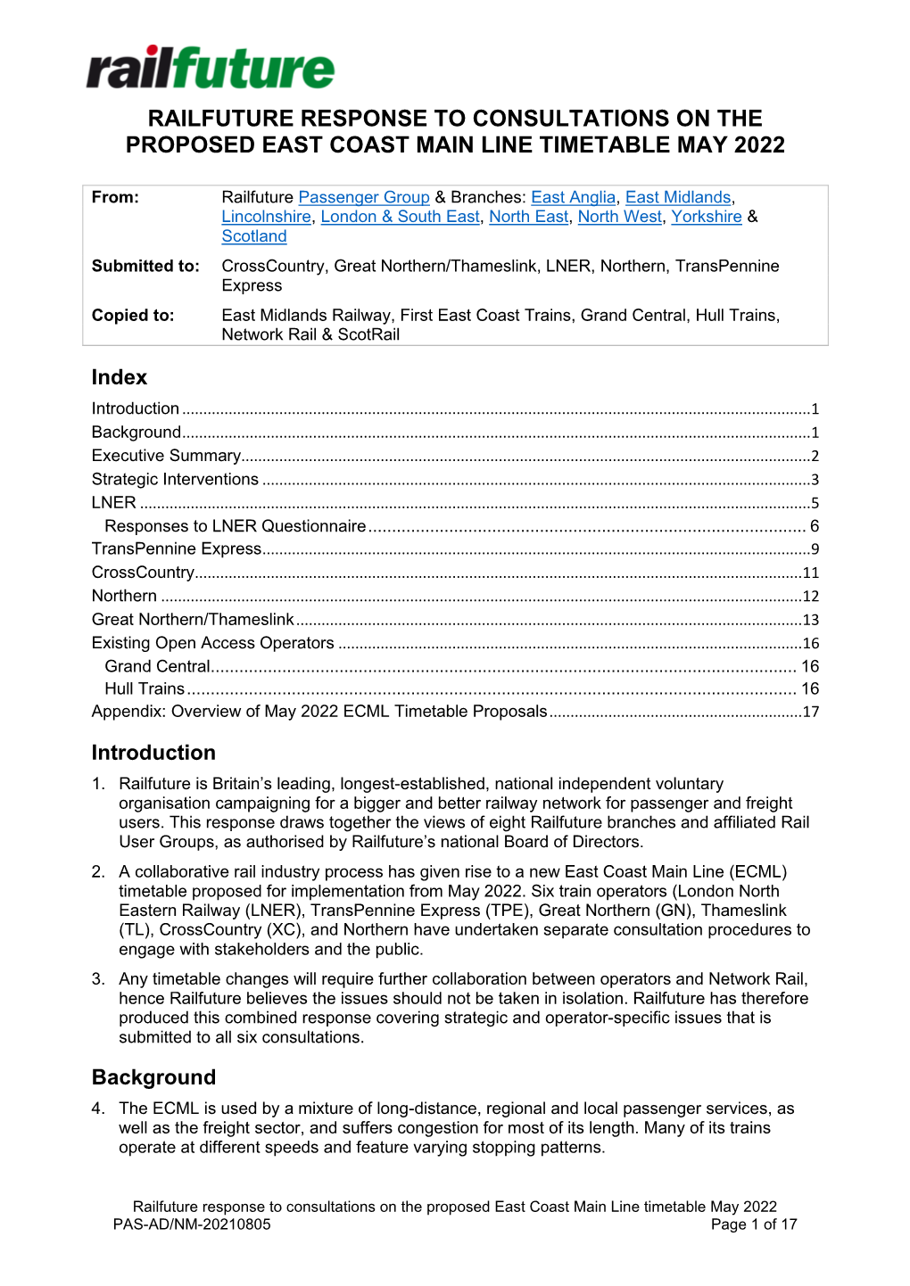 Railfuture Response to Consultations on the Proposed East Coast Main Line Timetable May 2022