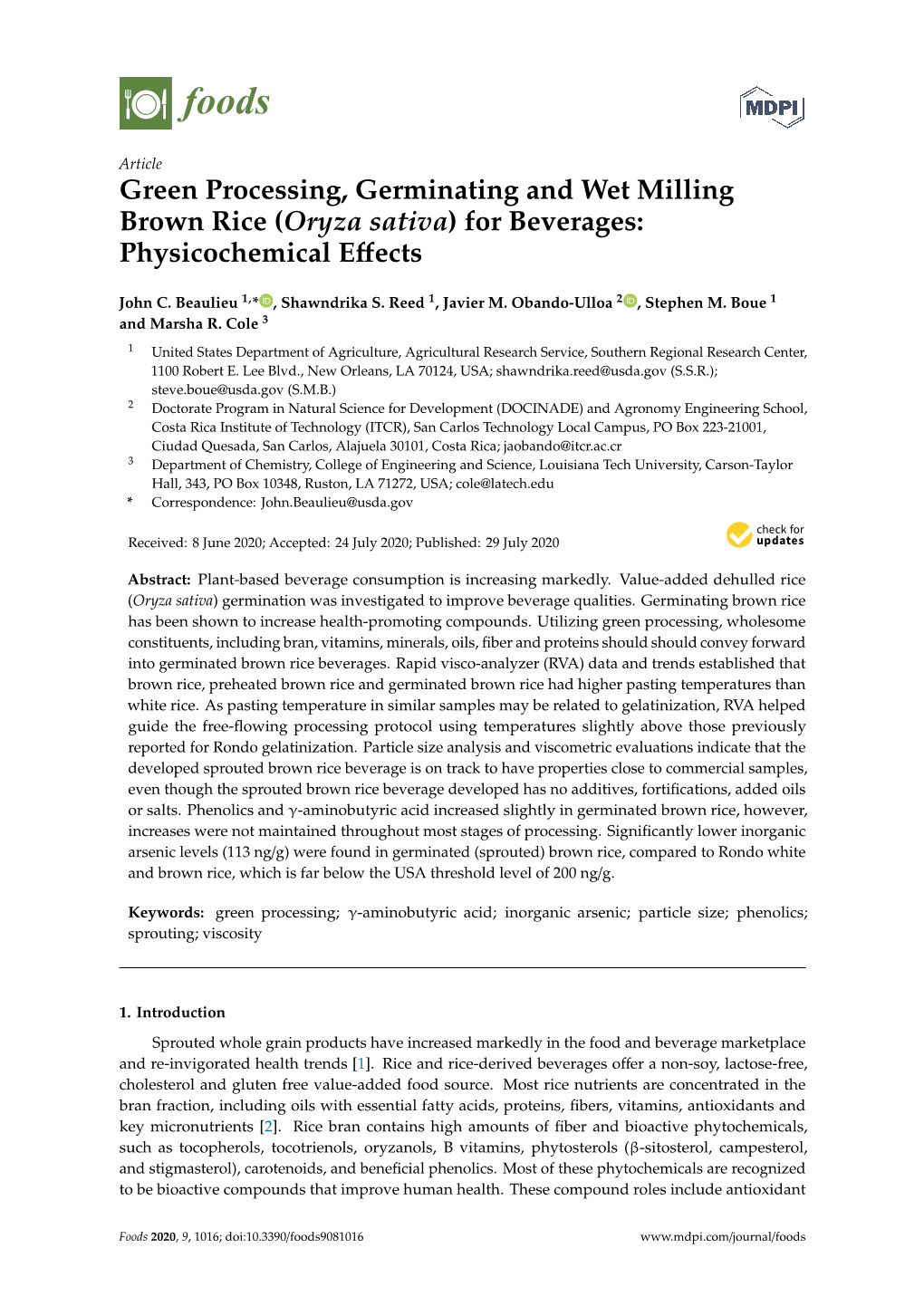 Green Processing, Germinating and Wet Milling Brown Rice (Oryza Sativa) for Beverages: Physicochemical Eﬀects