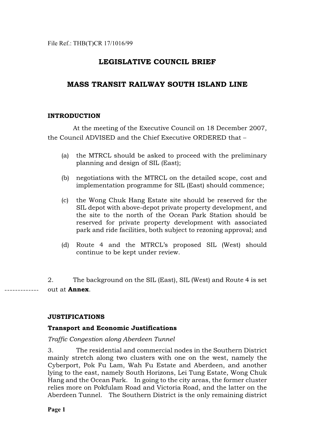 Administration's Paper on Mass Transit Railway South Island Line