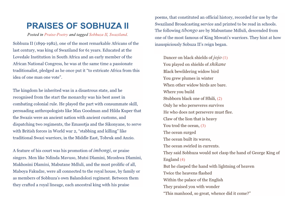 PRAISES of SOBHUZA II Swaziland Broadcasting Service and Printed to Be Read in Schools