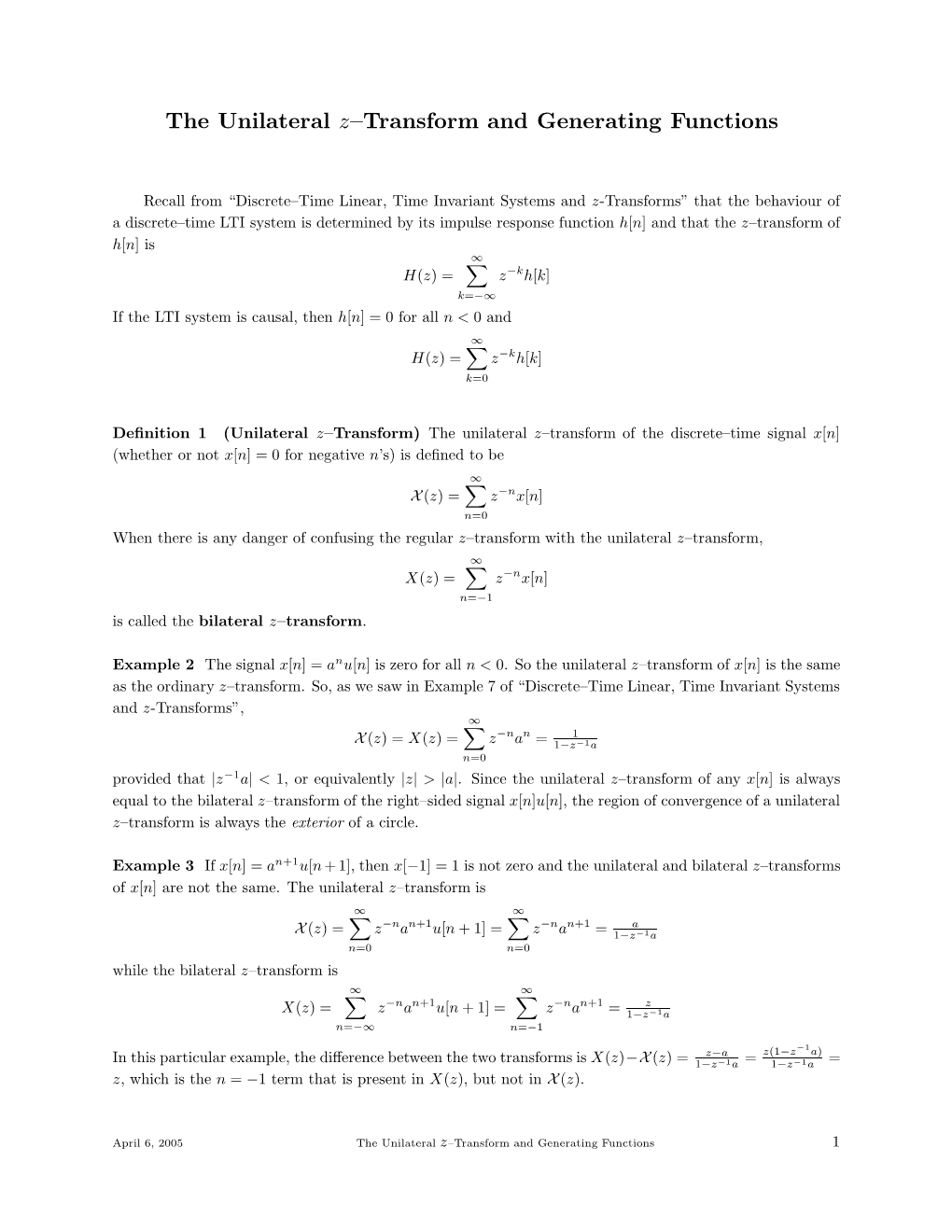 The Unilateral Z–Transform and Generating Functions