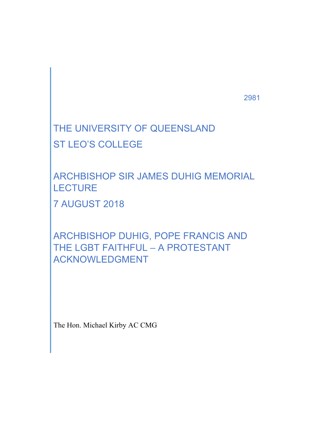 Archbishop Sir James Duhig Memorial Lecture 7 August 2018