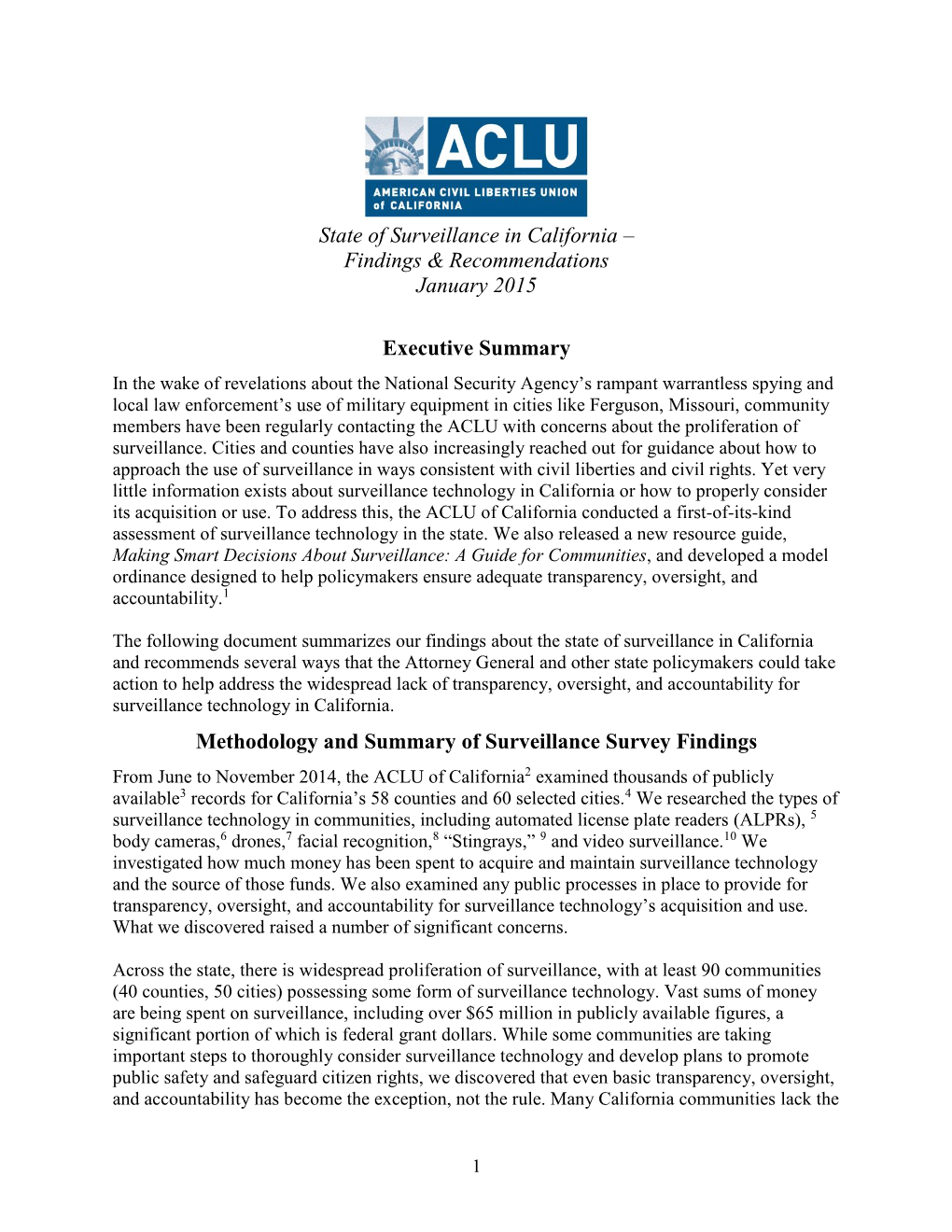 State of Surveillance in California – Findings & Recommendations January 2015