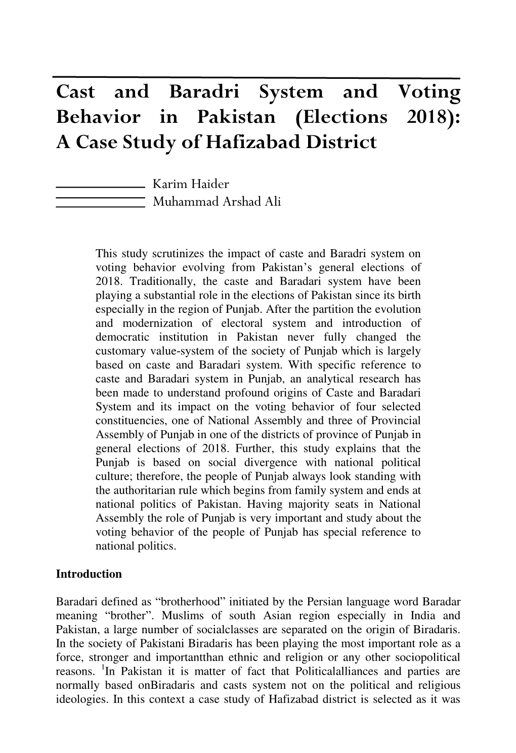 Cast and Baradri System and Voting Behavior in Pakistan (Elections 2018): a Case Study of Hafizabad District