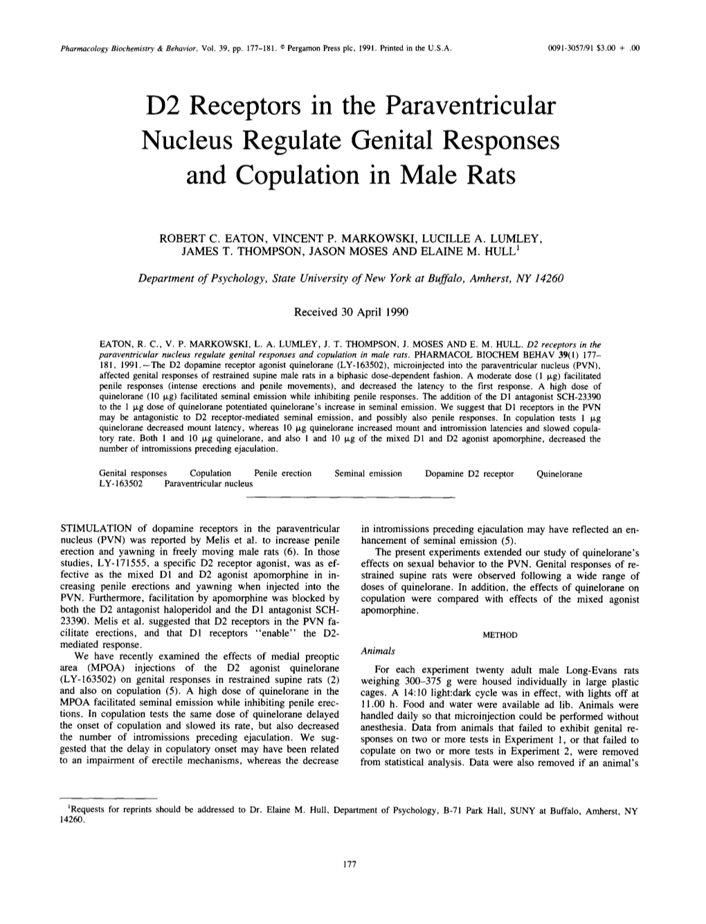 D2 Receptors in the Paraventricular Nucleus Regulate Genital Responses and Copulation in Male Rats