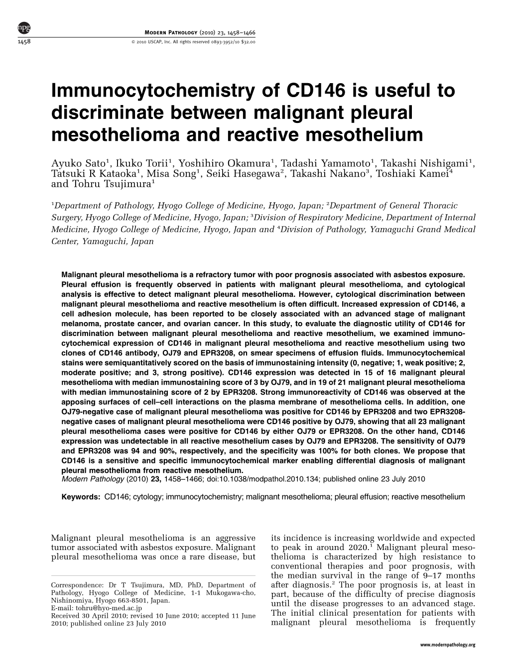 Immunocytochemistry of CD146 Is Useful to Discriminate Between Malignant Pleural Mesothelioma and Reactive Mesothelium